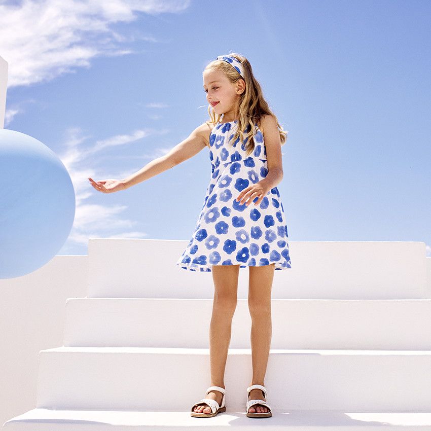 Robe sans manches imprimé floral et taille à nouer pour fille - Blanc