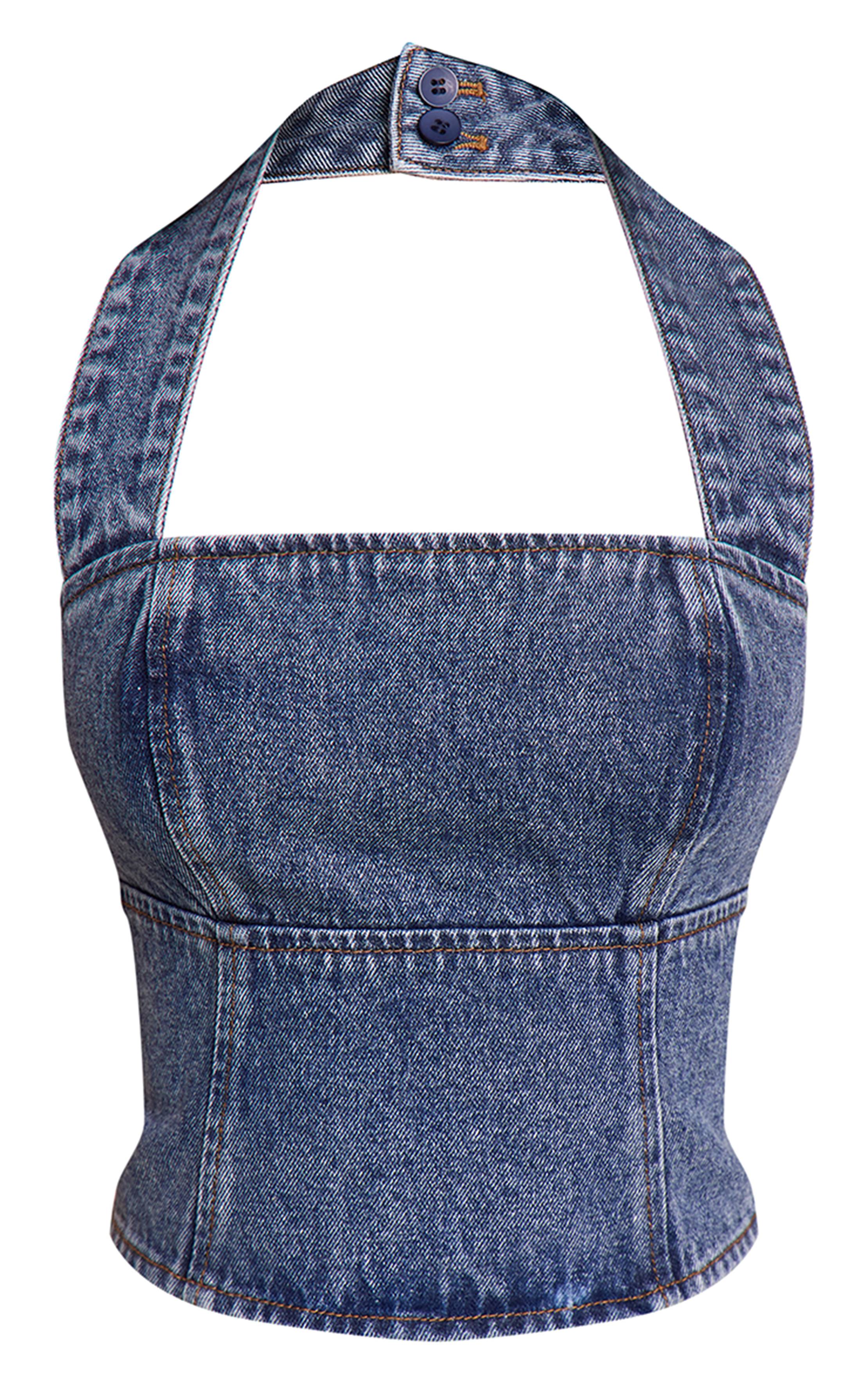 Mid Blue Wash Top Petite En Denim À Col Licou