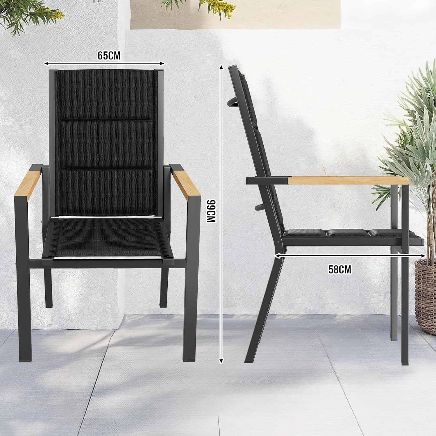 JUMMICO Gartenstuhl Stapelbar, Voll-Aluminium Gestell mit Komfortsitz, Stabiles Design & Holzoptik-Armlehnen für Terrasse, Garten und Poolbereich