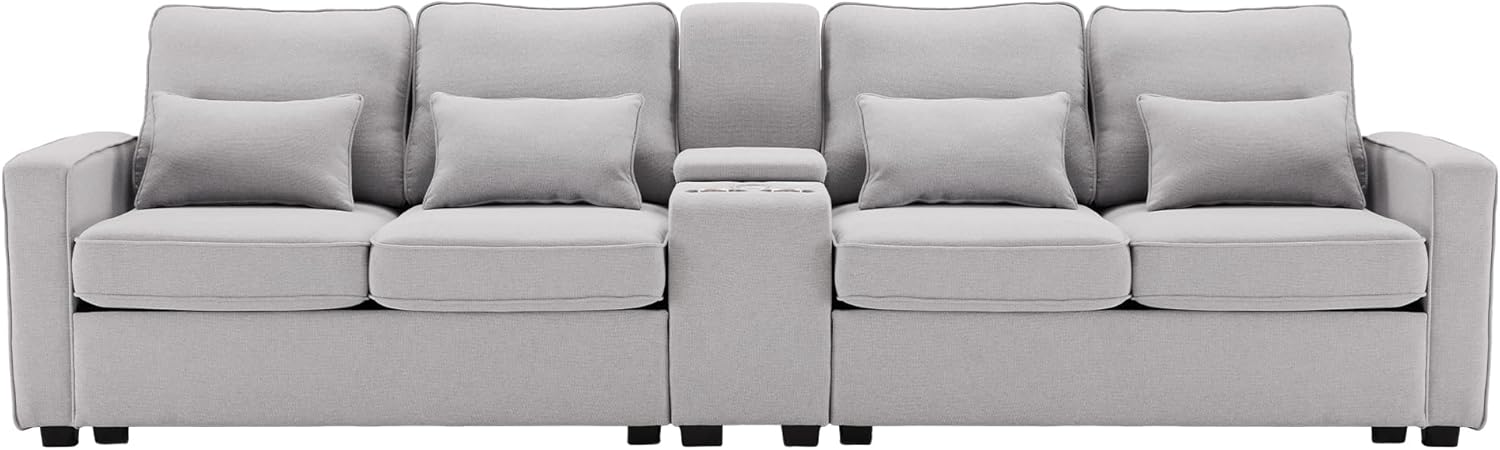 Kebnor Modernes 4-Sitzer-Sofa aus Leinenstoff mit Konsole, 2 Getränkehaltern, 2 USB-Anschlüssen zum Aufladen mit Kabel, mit Armlehnentaschen und 4 Kissen, einfaches Sofa für Wohnzimmer, Büro (Grau)