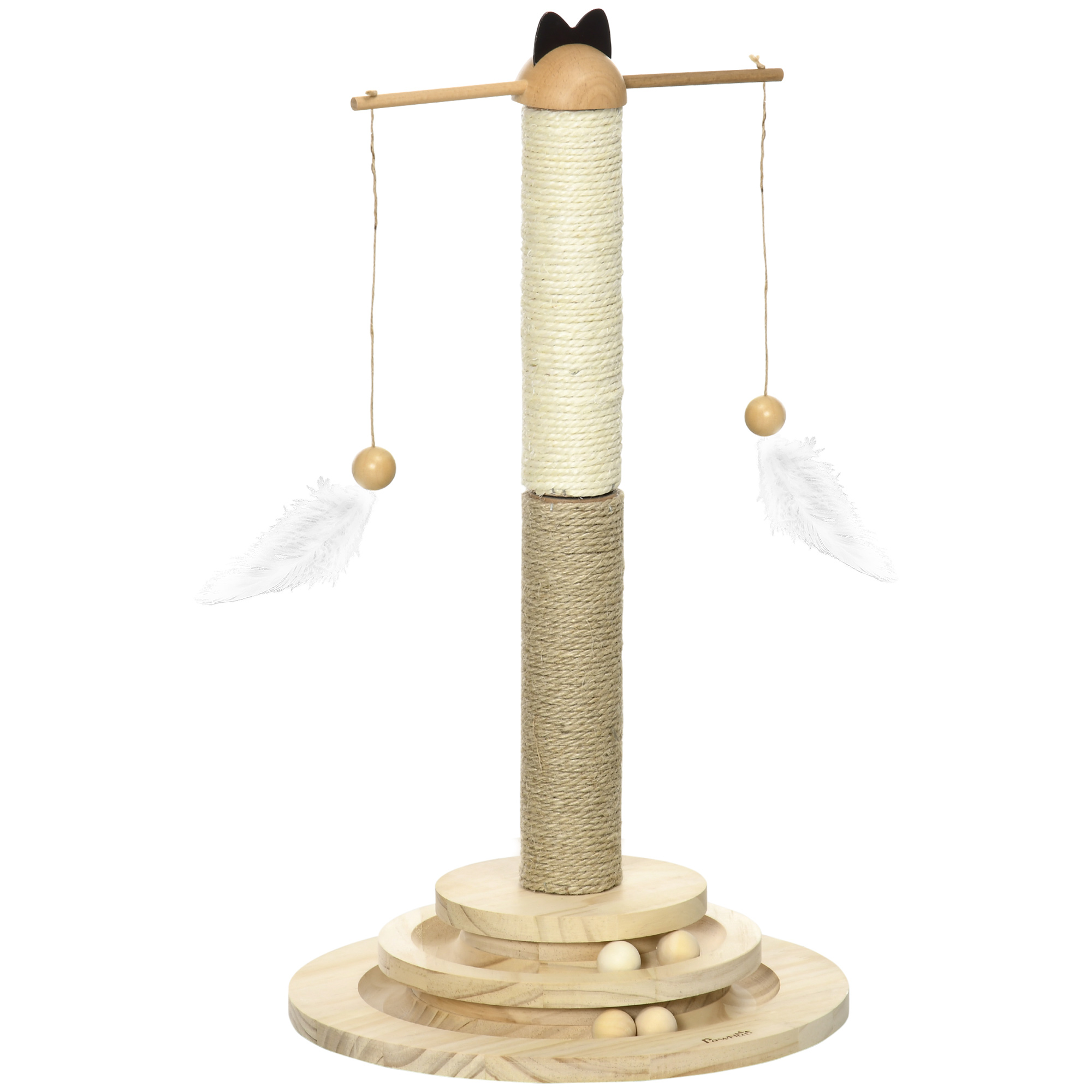 Arranhador de madeira para gatos PawHut, 56 cm de altura, torre para gatos, centro de atividades para gatinhos com poste de juta e sisal, bolas para brincar, Ø32x56 cm, natural