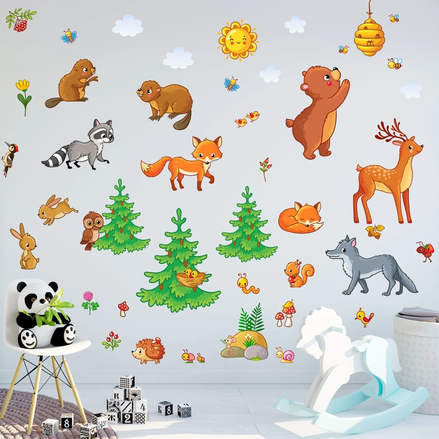 Nikima Wandtattoo 081 Wandtattoo Waldtiere Kinderzimmer Sticker Aufkleber Bär Fuchs Eule Hirsch bunt