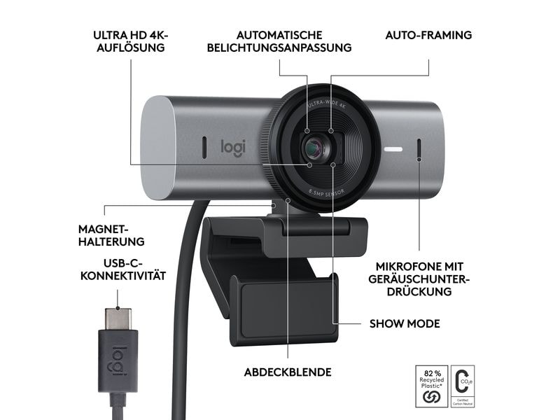 Logitech Webcam MX Brio 4K Graphite 4K-Webcam mit KI-gesteuerten Funktionen und erstklassiger Bildqualität