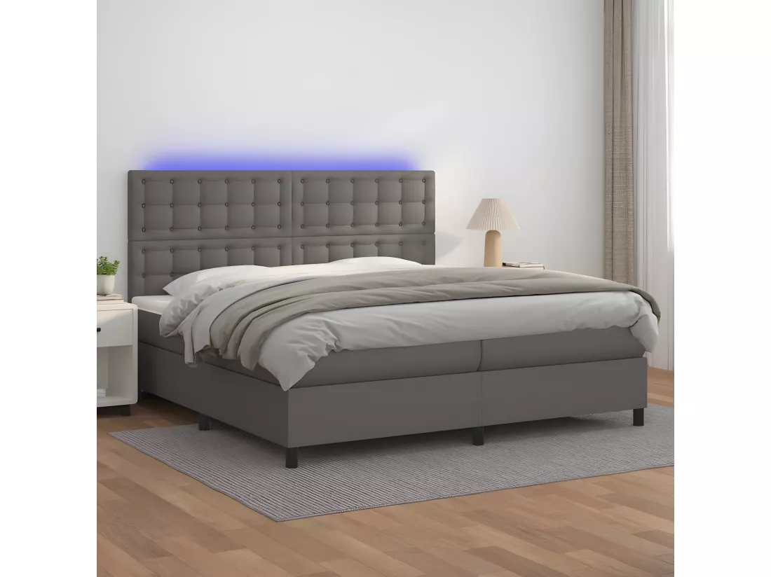 Sommier tapissier et matelas et LED Gris 200x200 cm Similicuir