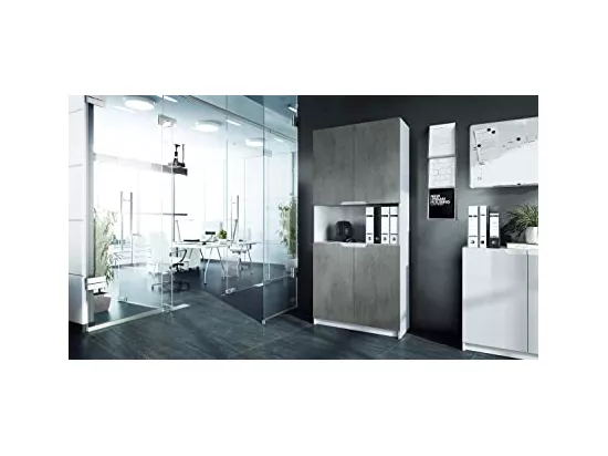 Armoire de rangement avec 5 compartiments et 4 portes, blanc mat/aspect béton foncé (82 x 184 x 37 cm)