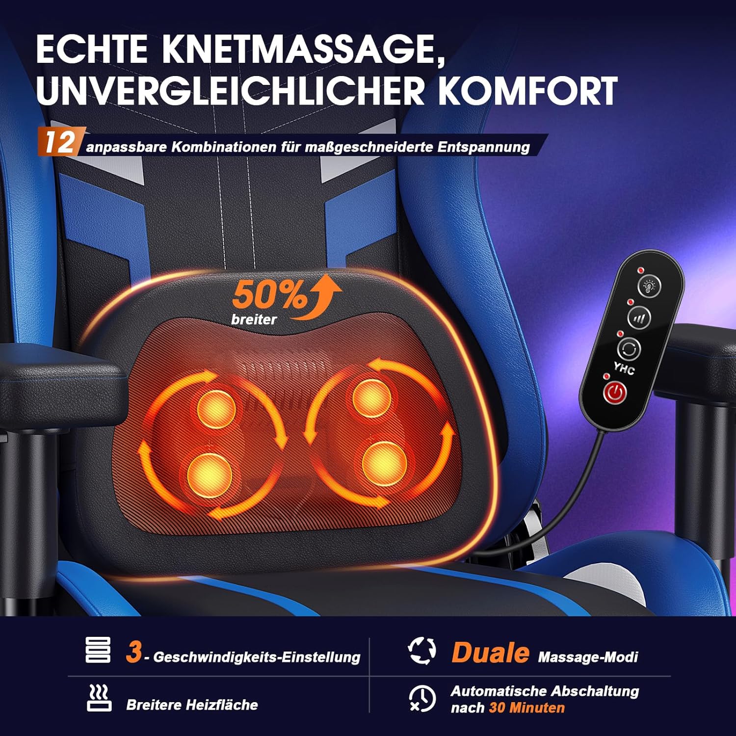 Douxlife Gaming-Stuhl mit Knetmassage und Heizfunktion, Ergonomischer Bürostuhl mit Fußstütze, 90°-175° Verstellbar, Gepolsterte 2D-Armelehnen, Gamer Sessel PC Stuhl, 181KG, Blau