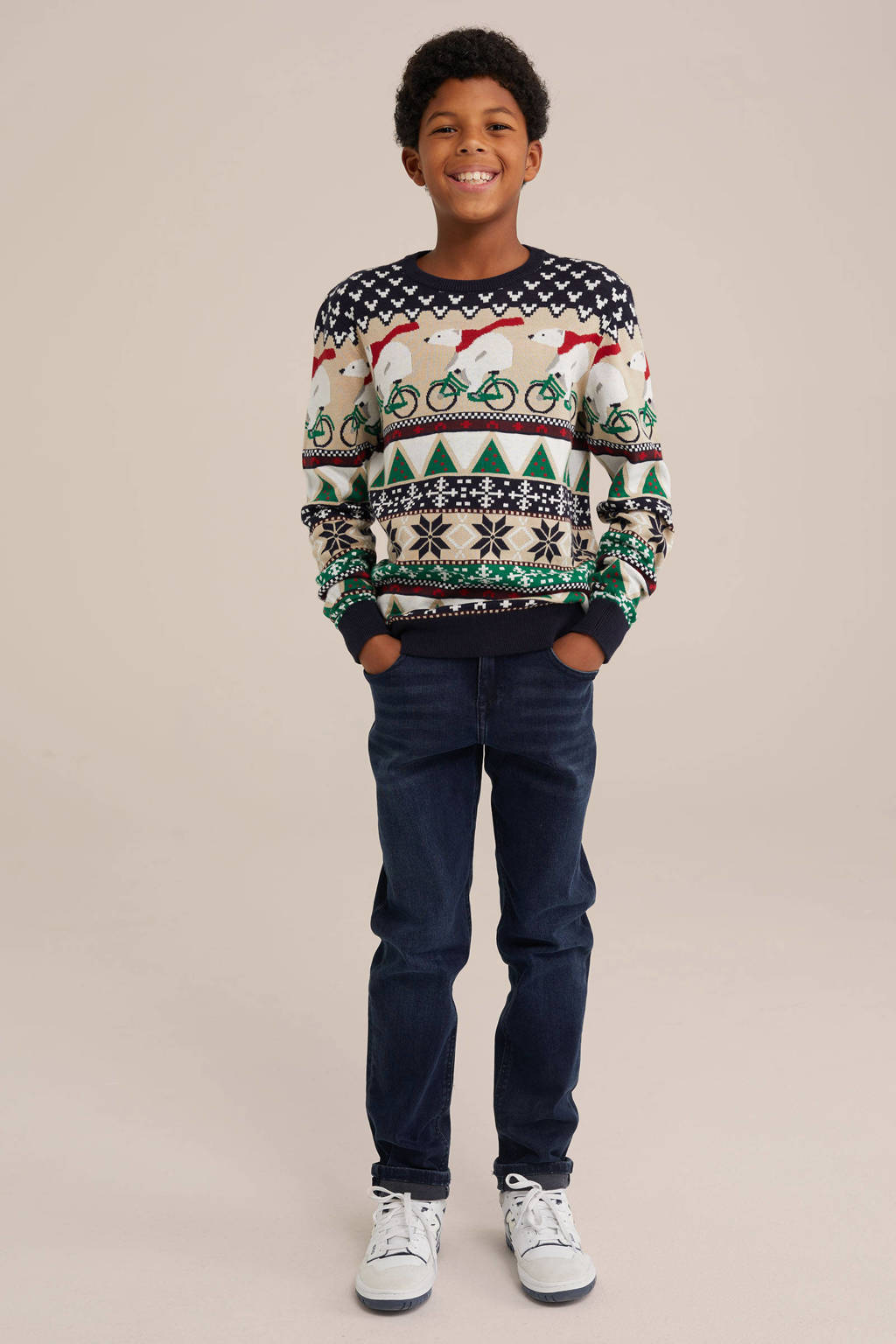 WE Fashion gebreide kersttrui donkerblauw/beige/groen