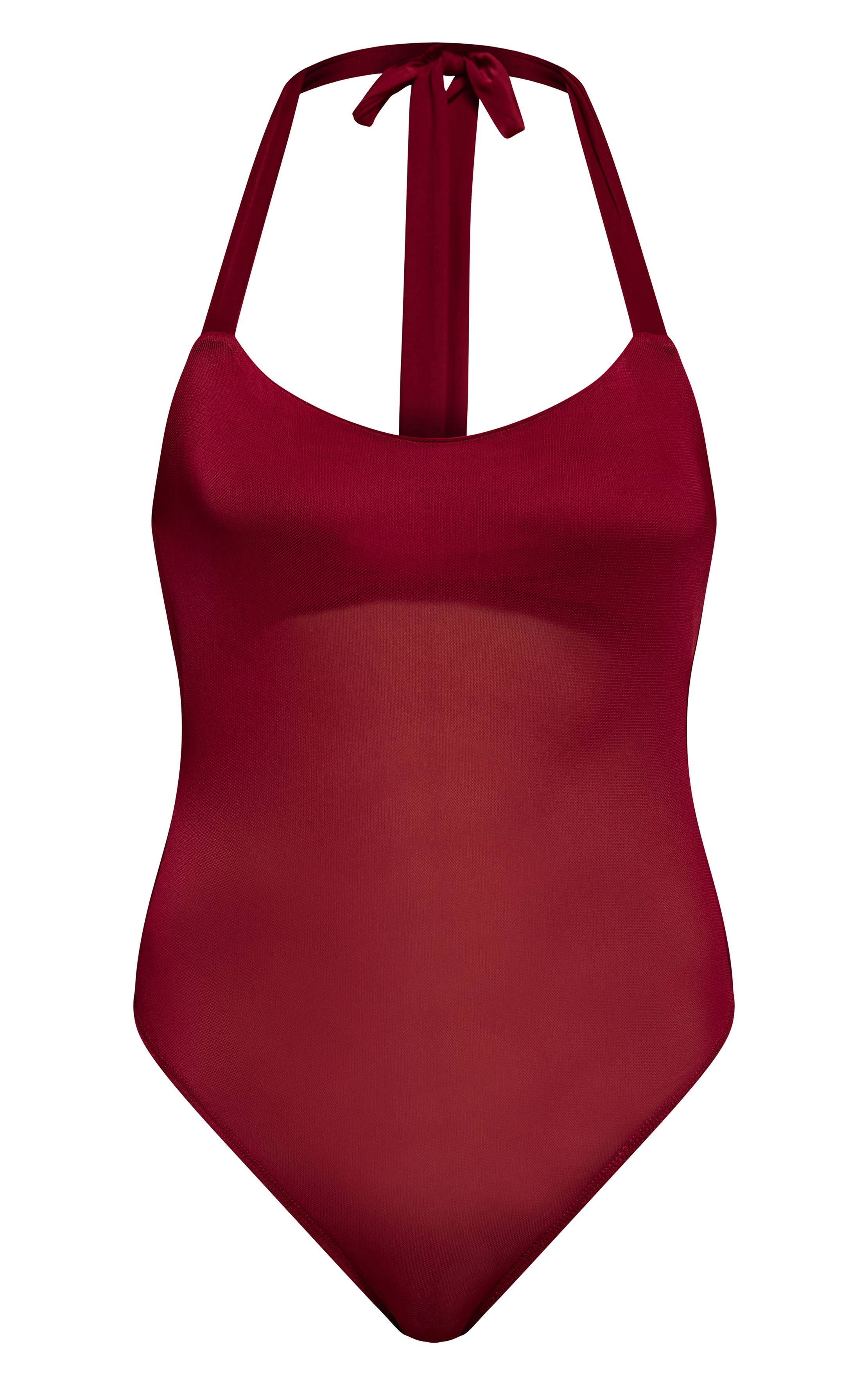 Rouge Vin Body Col Halter En Mesh Avec Détail Poitrine