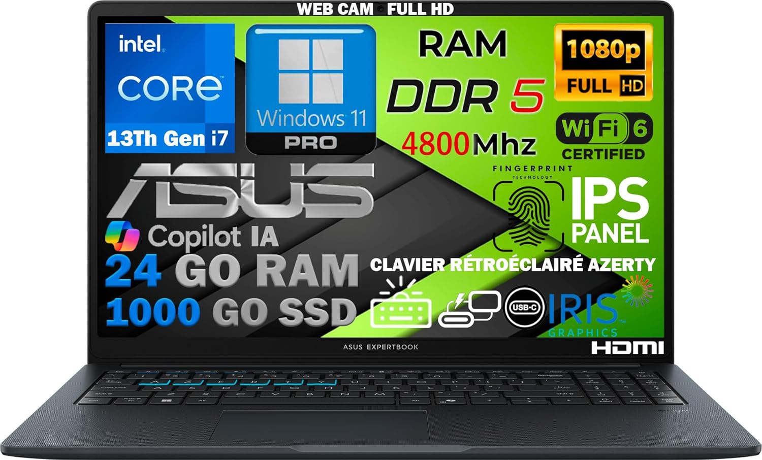 ASUS Ordinateur Portable Intel Core i7 13ᵉ Gén 10 Cœurs, RAM 24Go DDR5, SSD 1To, Écran 15.6