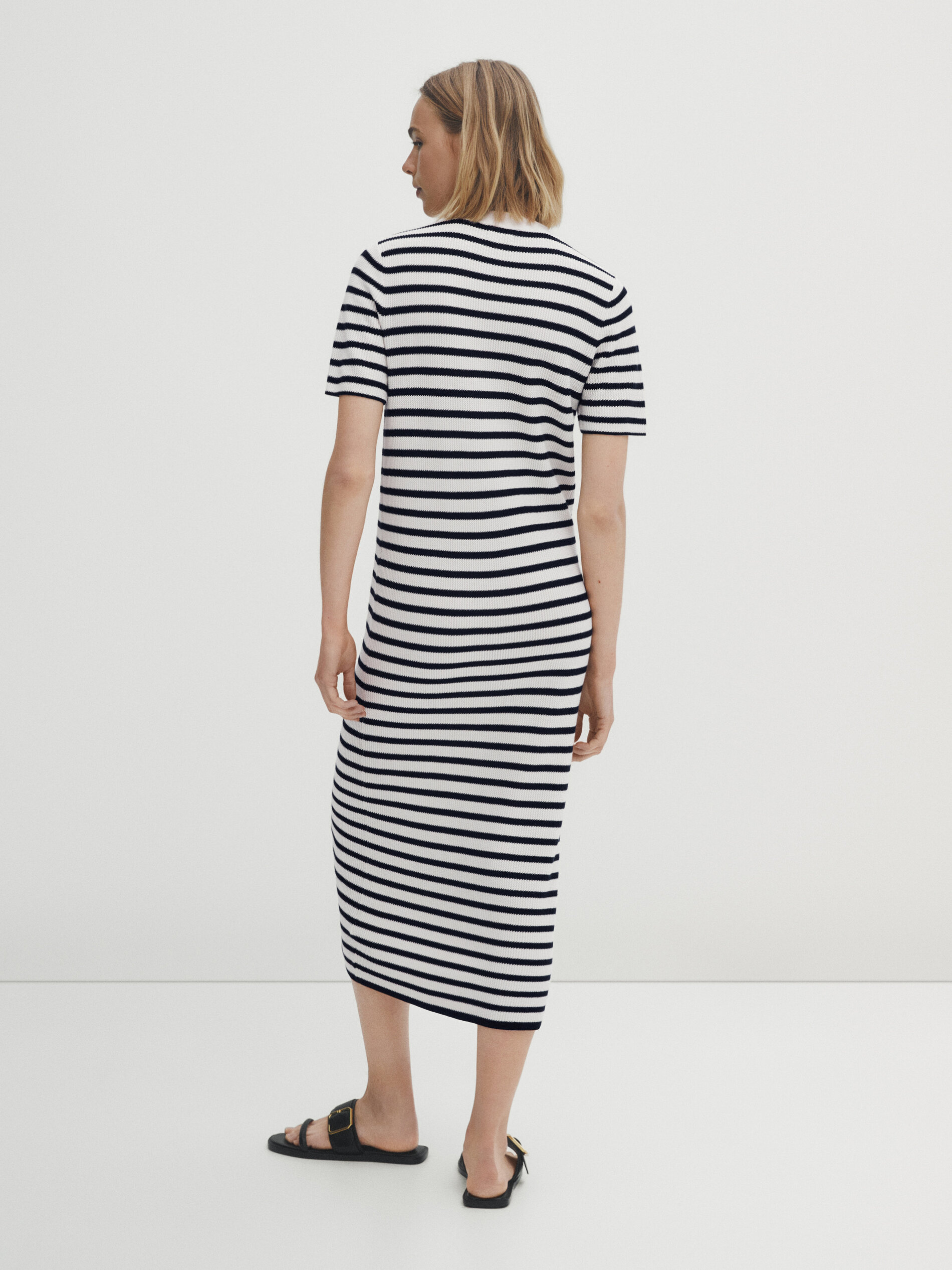 Vestido midi estruturado de algodão listrado - AZUL MARINHO
