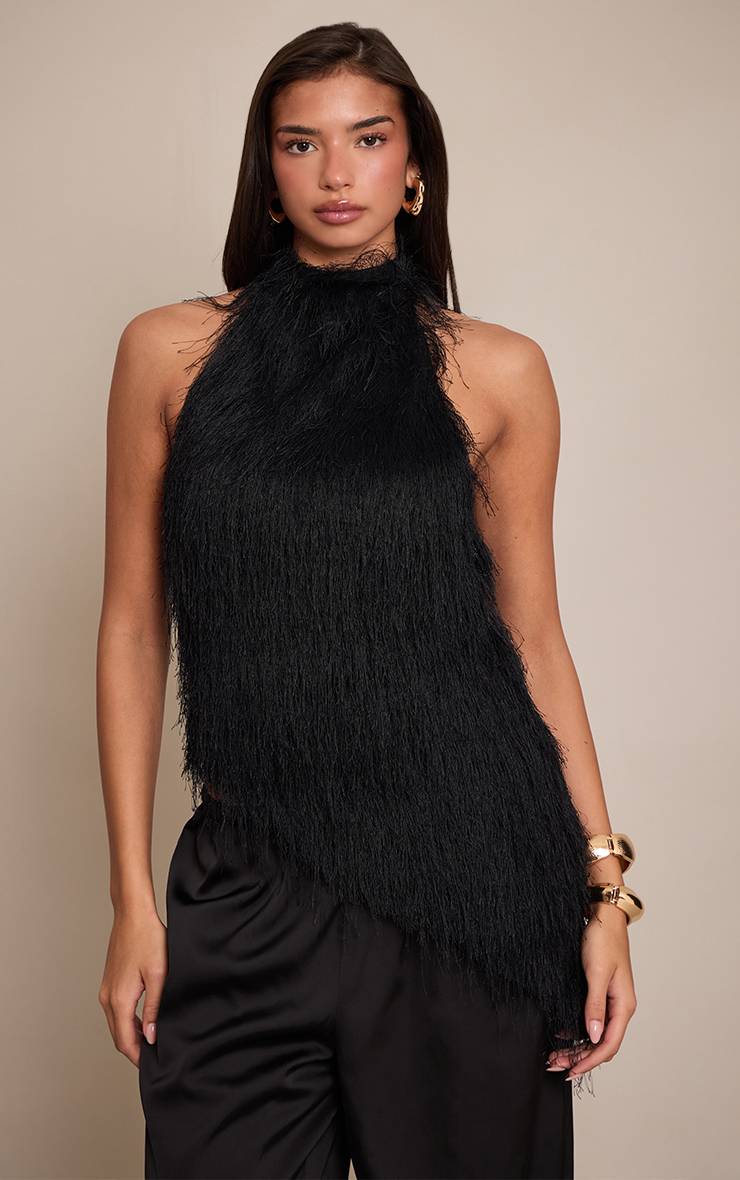 Noir Haut Sans Manches Asymétrique En Synthétique Texturée
