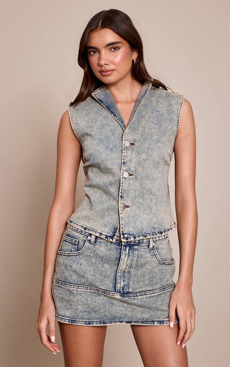 Délavage Vintage Mini-jupe En Denim Bleu Taille Mi-haute