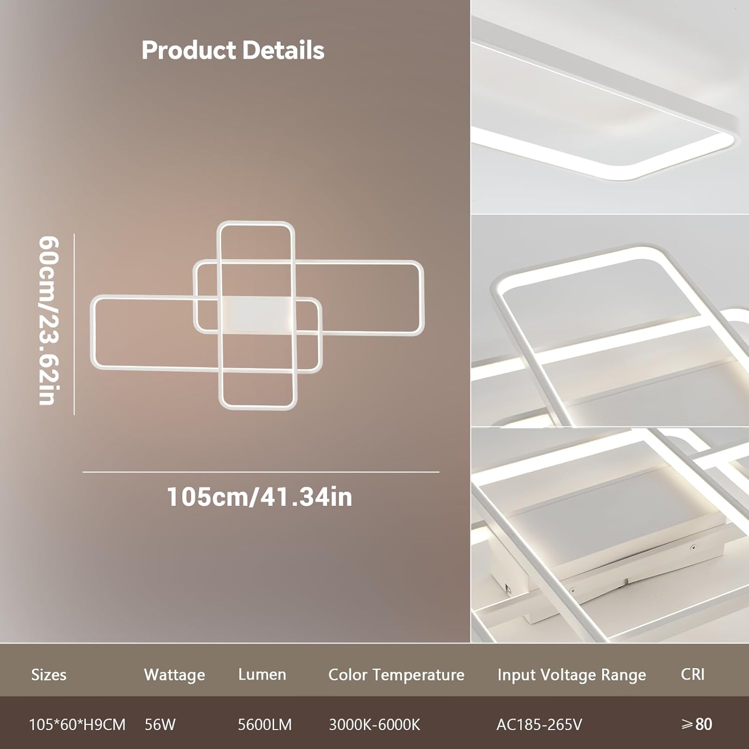 LED Deckenlamp Dimmbar Deckenleuchte with Matter, 56W 5600LM, Kompatibel Mit HomeKit, Alexa,  and IFTTT, Geometrisch Deckenbeleuchtung für Wohnzimmer, Schlafzimmer Weiß 105CM
