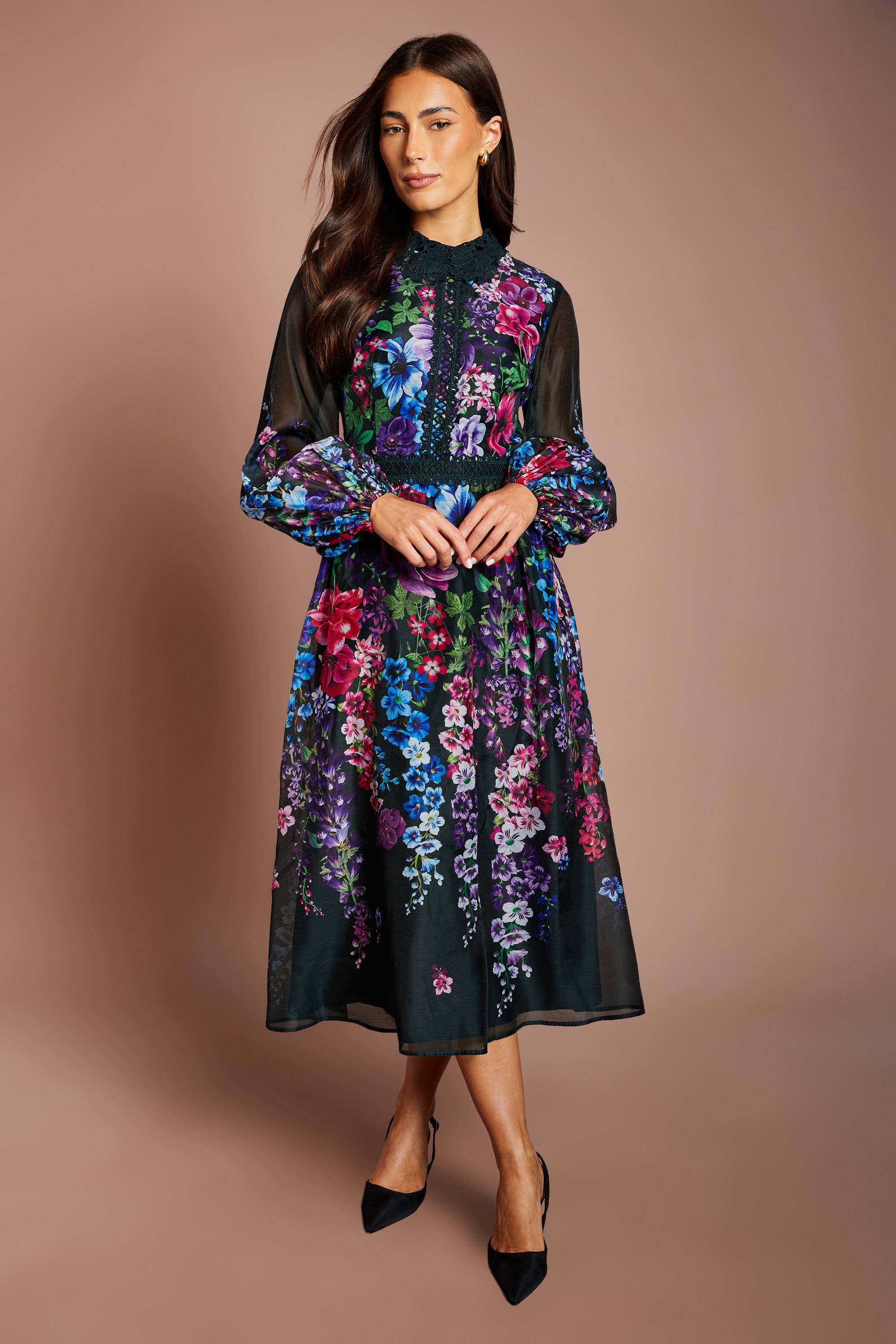 Coast Robe Mi-longue En Organza Imprimé Avec Finitions En Dentelle