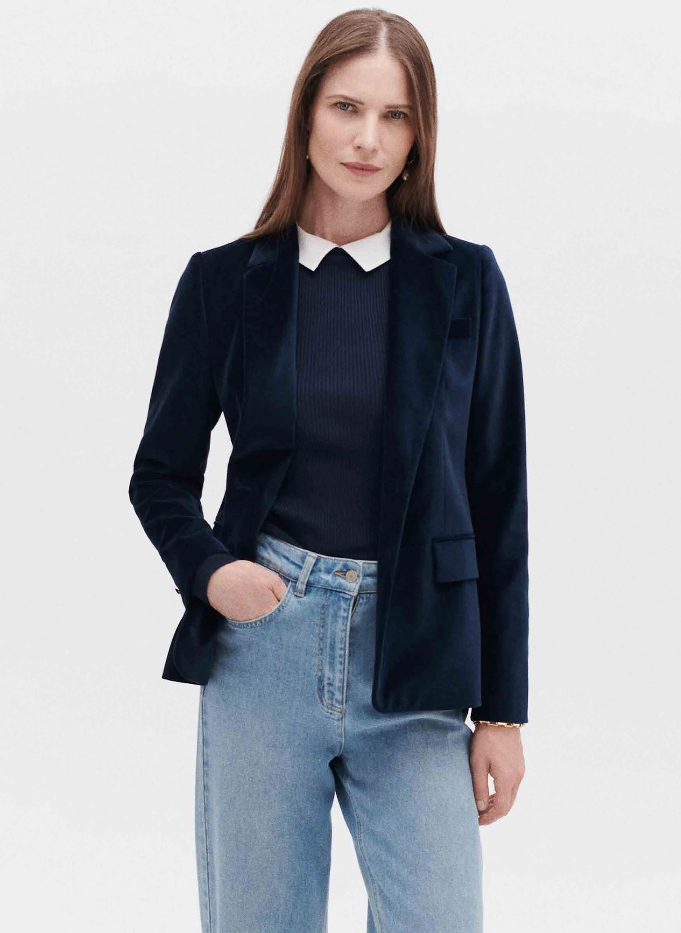 VAMBRE - Veste droite col tailleur en velours de coton | Bleu