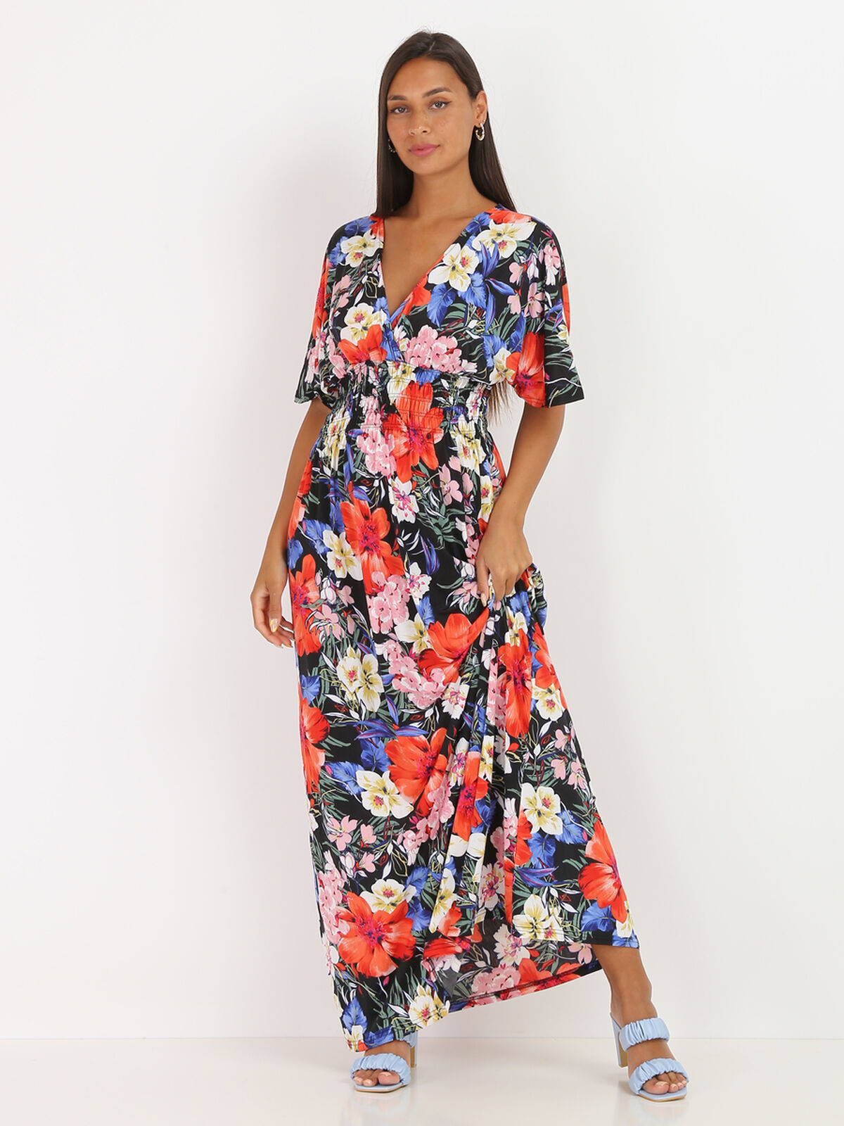 Robe longue fleurie à manches chauve-souris- Noir