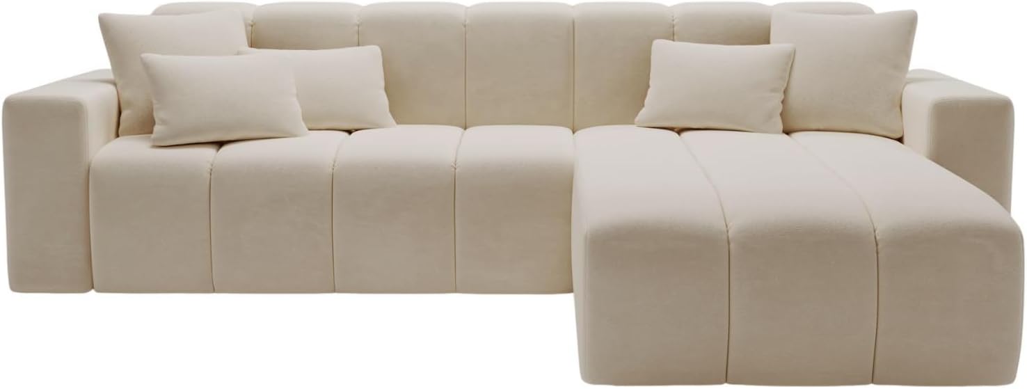 GRAINGOLD Nork Ecksofa 265x180 cm, L-Form Sofa, Ecksofa für Wohnzimmer, Velour, 4-Sitzer Eckcouch, Modernes Design (Beige, Rechts)