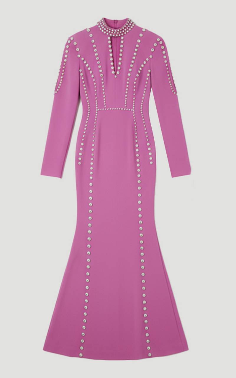 KarenMillen Robe Longue à Détail Décolleté Plongeant Tissée et Ornée de Cristaux