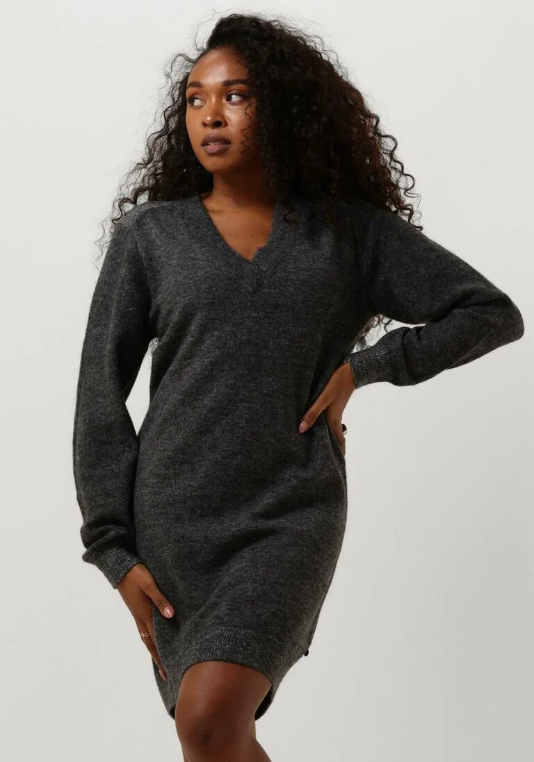 SCOTCH & SODA donkergrijze scotch & soda mini jurk relaxed v neck knitted dress