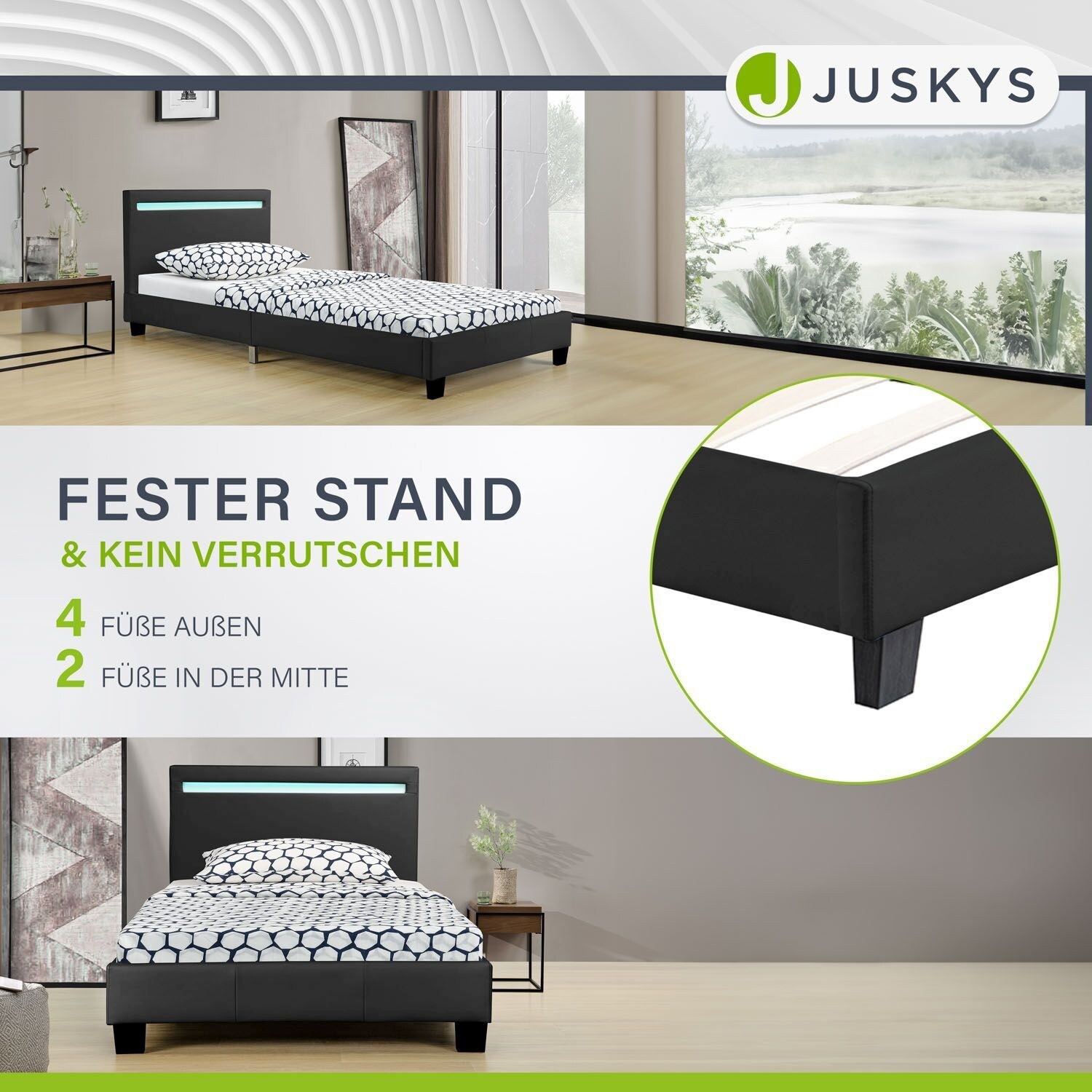Juskys Polsterbett Verona 90x200 cm schwarz mit Matratze – Einzelbett + LED-Beleuchtung & Lattenrost