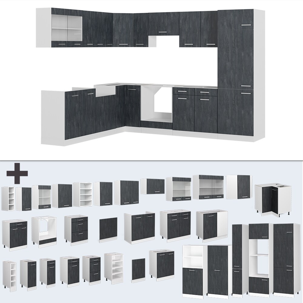 Vicco Eckküche R-Line 287x227 cm Schwarz Beton Weiß ohne Arbeitsplatte