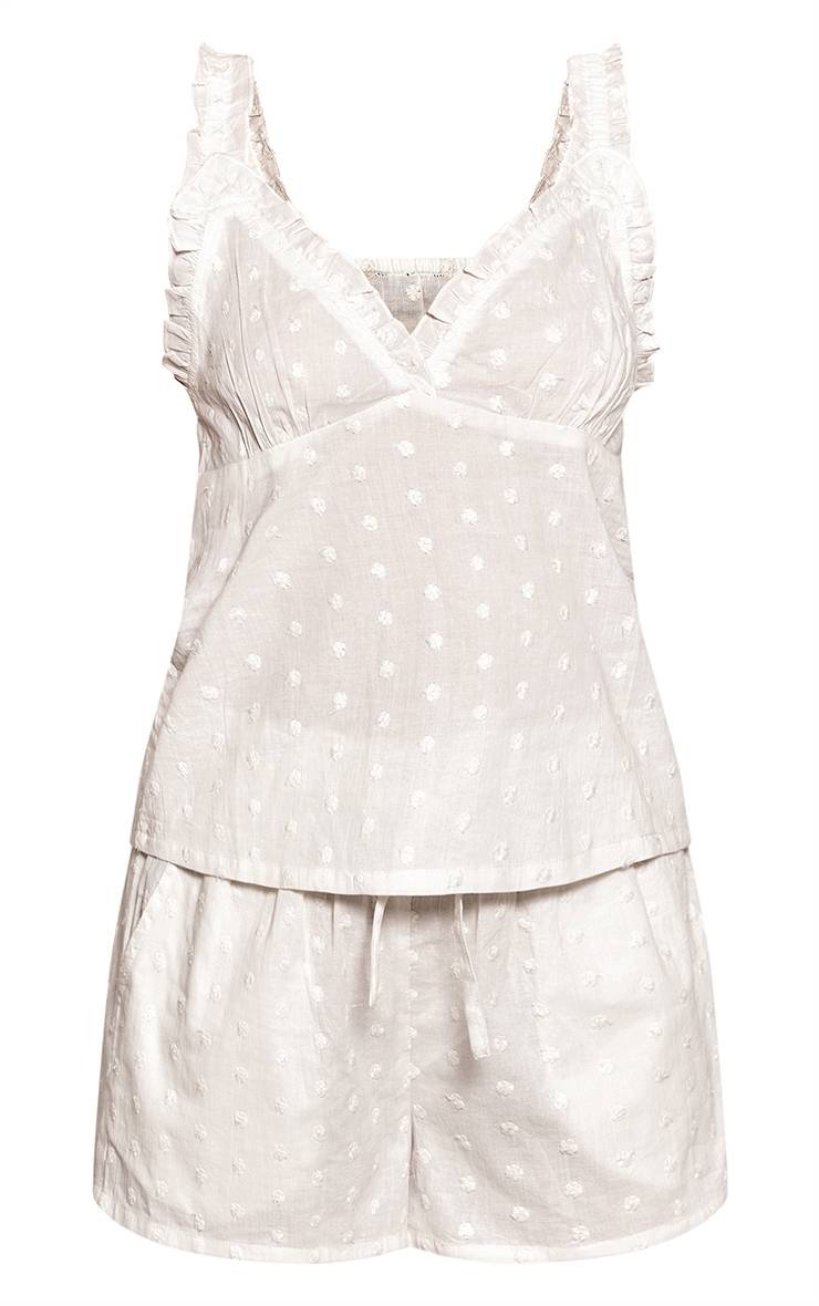 Blanc Haut De Pyjama Caraco À Bretelles Froncées Et Short À Pois Texturé