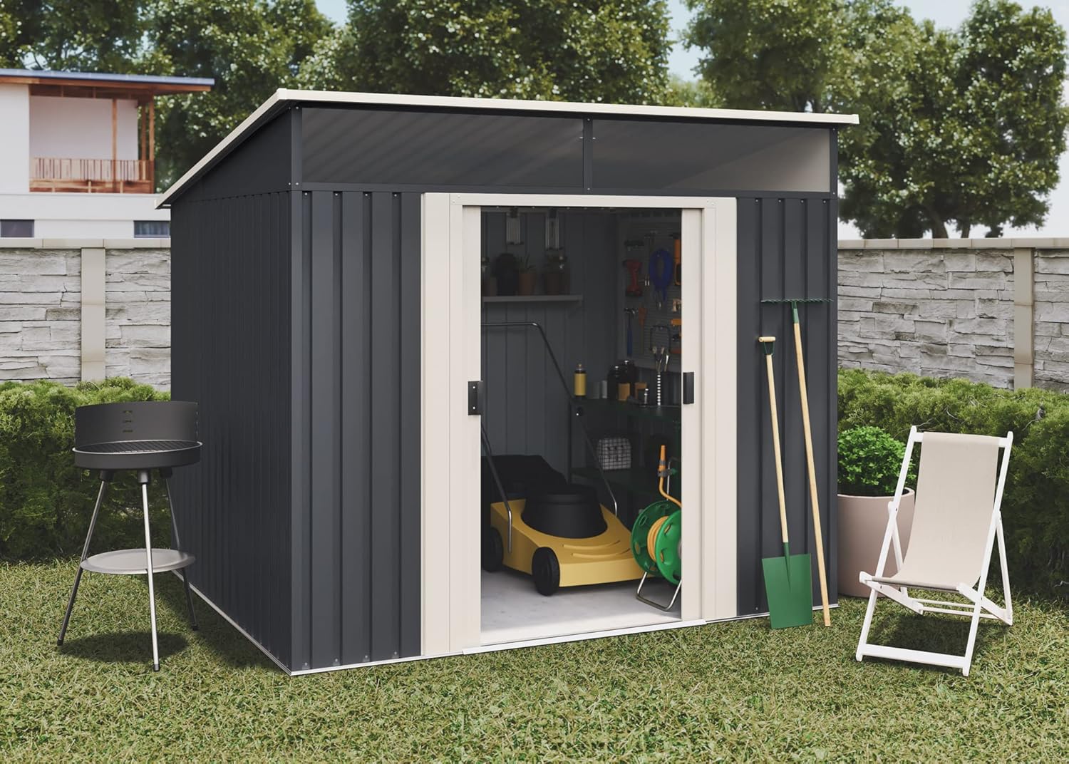 Wasabi - Gartenhaus Metall 4,6m2 Stark – 238 x 193 x 203cm - Oberlicht - Doppelte Schiebetür – Anthrazitgrau – Geräteschuppen XL – Gerätehaus Outdoor Wetterfest
