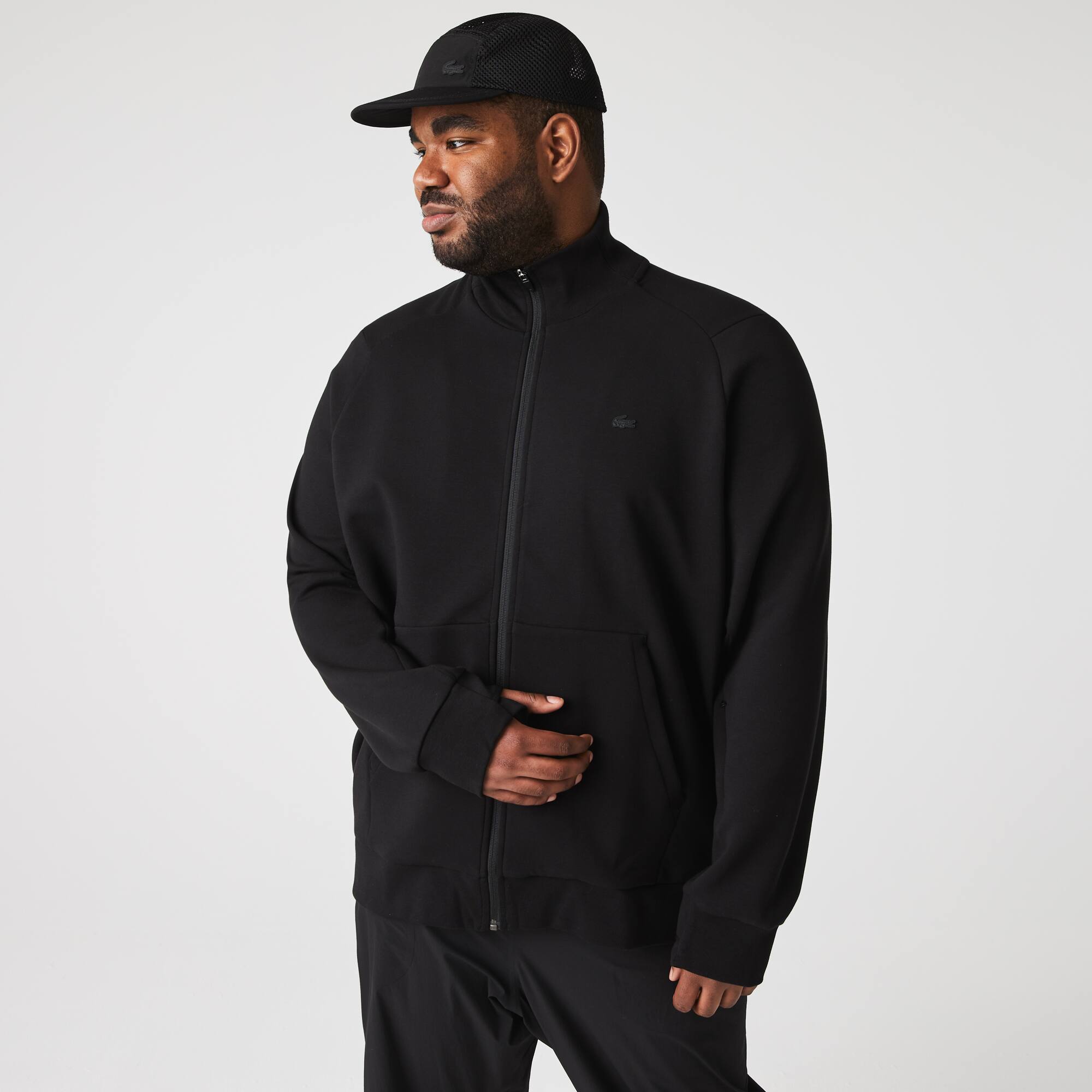 Sweatshirt Jogger zippé uni à col montant en coton mélangé Sweatshirts - Noir - Lacoste - Homme