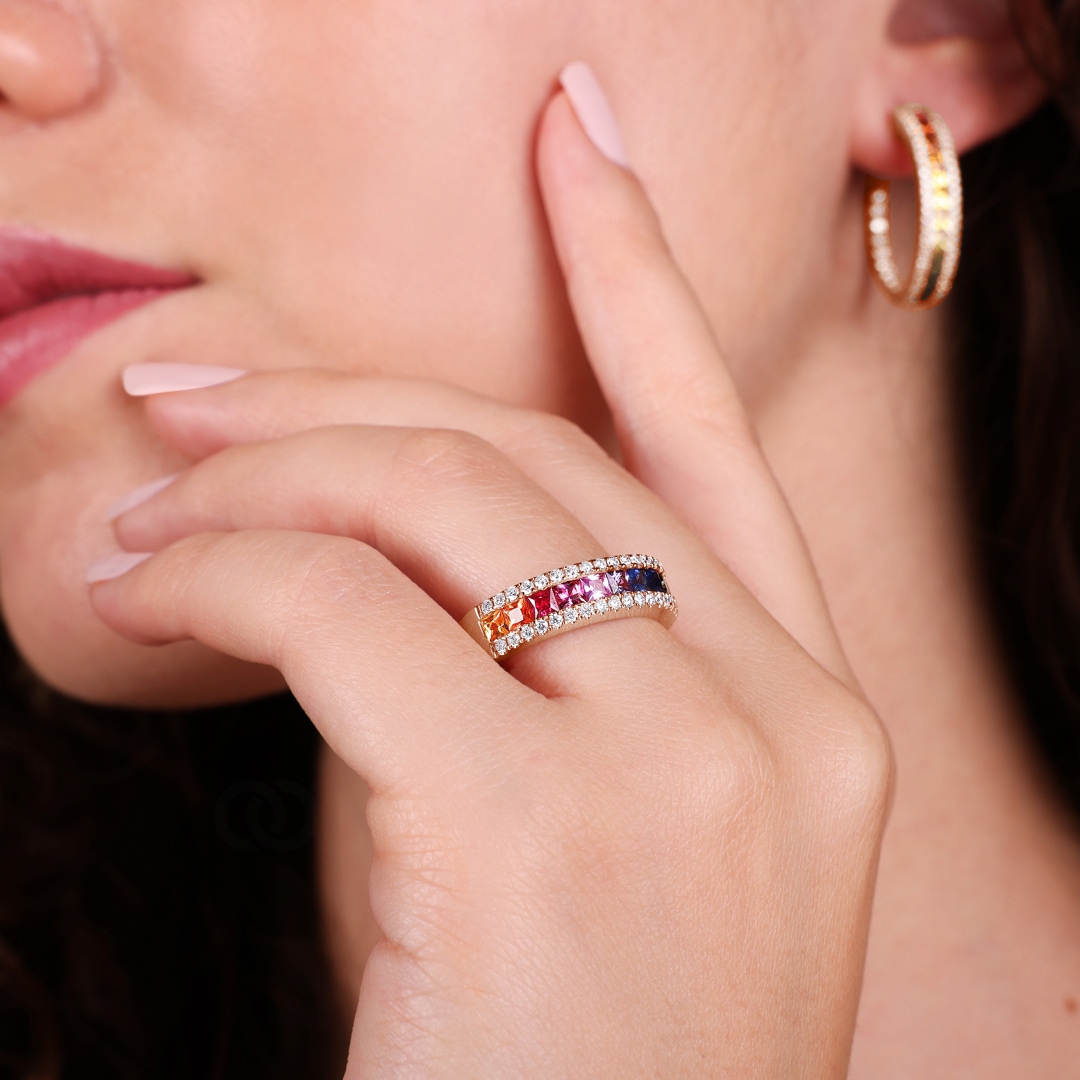 Rainbow Saphirring 750/18 K Roségold mit Diamanten 0.33 ct H/si
