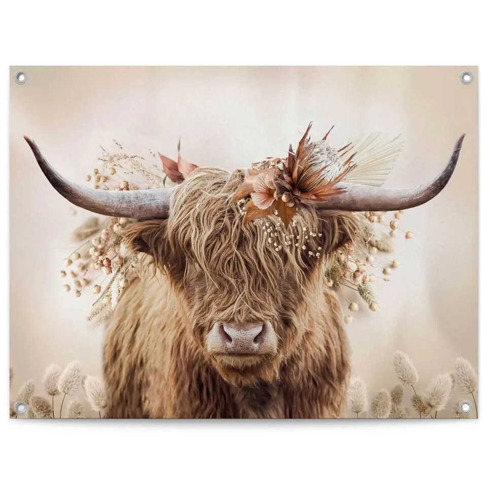 Tuinposter Highlander in bloemen - 60x80cm - Beige