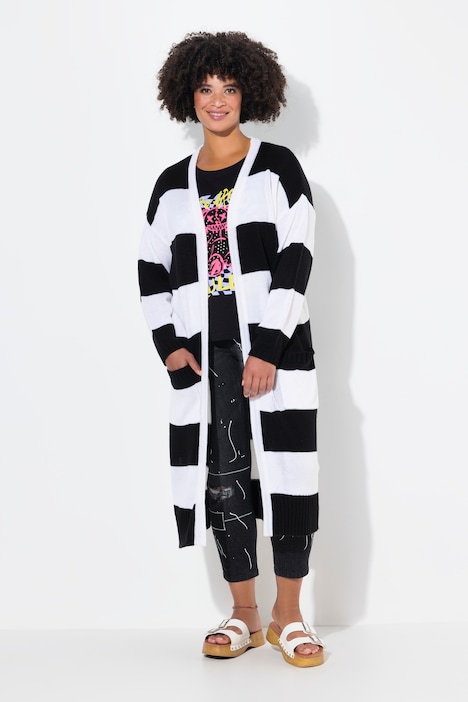 Long-Strickjacke, Straight Fit, Blockstreifen