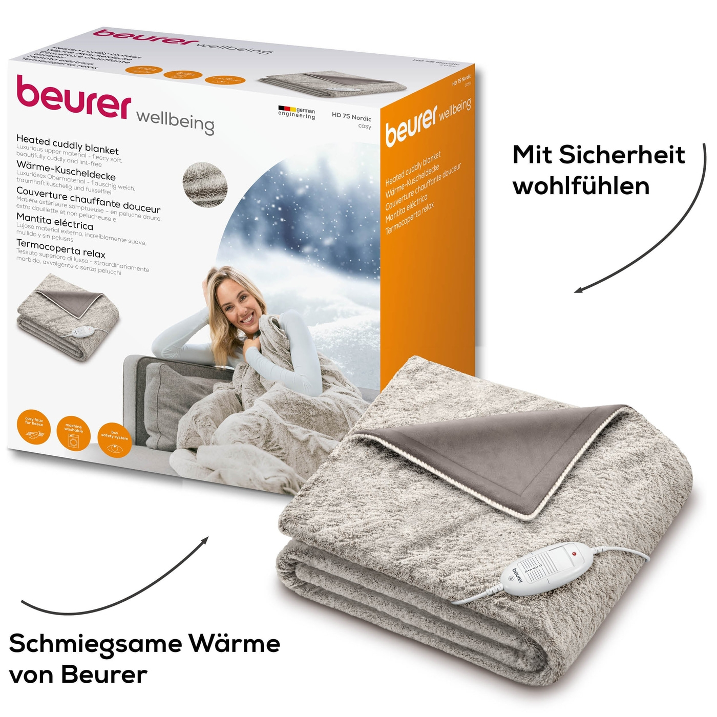 (180x130cm) HD 75 Flausch Heizdecke Elektrische Wärmedecke mit 6 Hitzestufen (42103) - Nordic Taupe