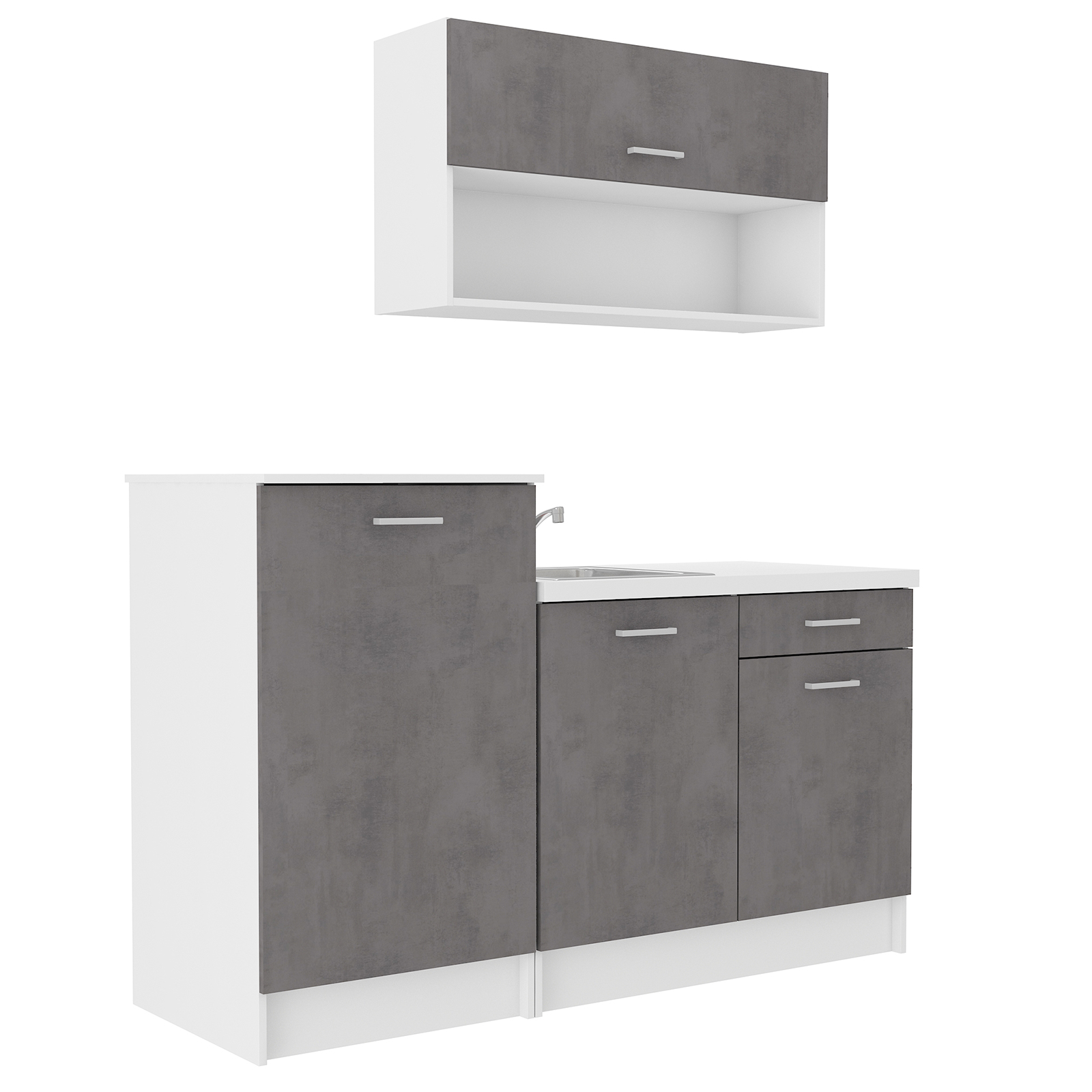Single-Küche - Betonoptik - weiß matt - mit Kochfeld und Spüle - 160 cm