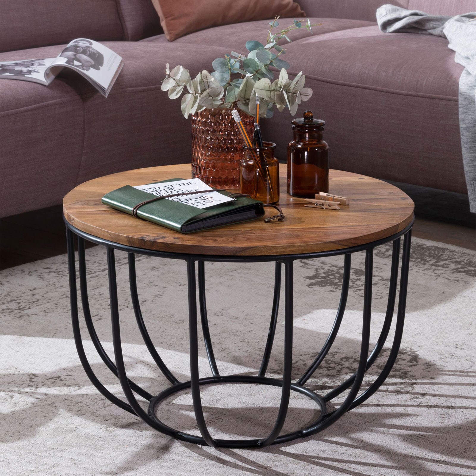 Couchtisch rund 60 x 39 cm Sheesham massiv/schwarz