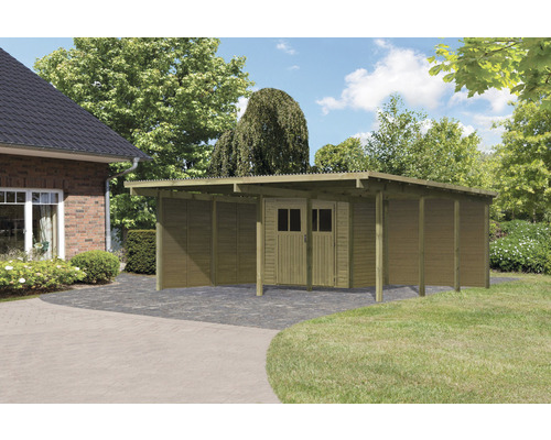 Dubbele carportset Karibu Eco 2 met geïntegreerde berging 3,7 m², 2 zijwanden en een achterwand 527x576 cm, drukgeïmpregneerd