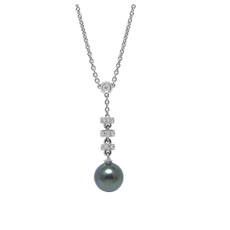 Collier Pendentif en Or Blanc 750/1000, Diamants et Perle de de Tahiti