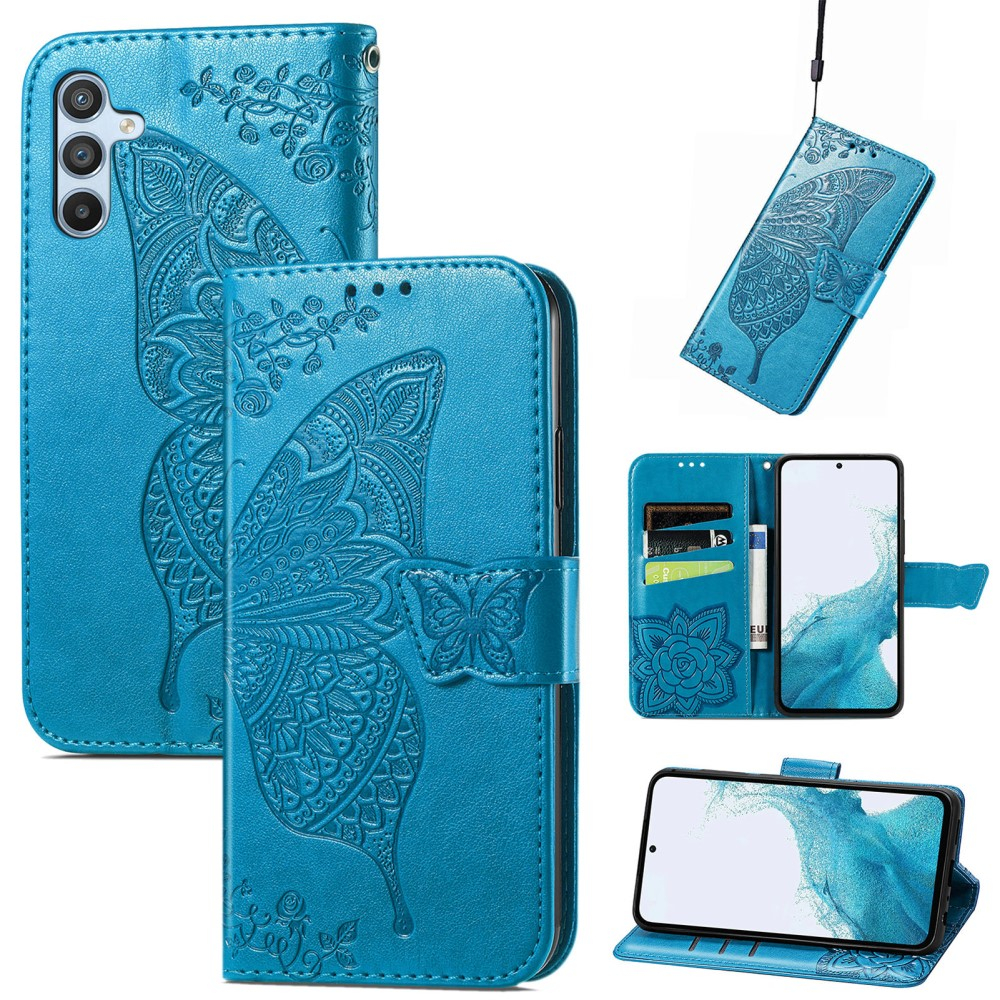 Samsung Galaxy A56 Leder Tasche Flip Cover Schmetterlinge Imprint - Blau