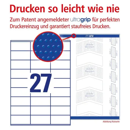 Avery Zweckform 3479 Universal-Etiketten,A4 mit ultragrip,70 x 32 mm, 100 Bogen/2.700 Etiketten, weiß
