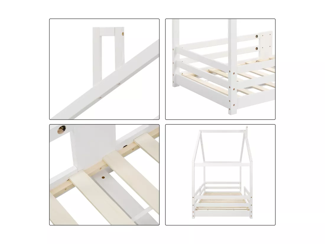 Lit cabane enfant - 90 x 200 cm - pin - barrière et sommier à lattes - blanc