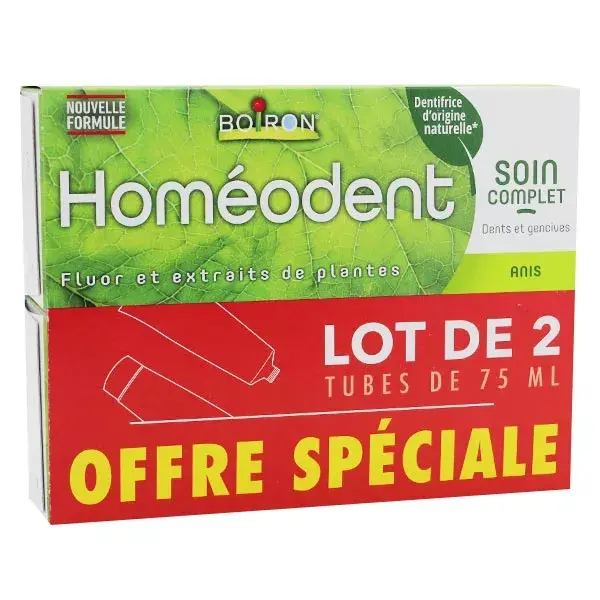 Pasta de dentes Boiron Homéodent Complete Care com sabor de anis, embalagem com 2 unidades de 75ml