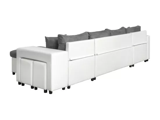 Canapé panoramique Oslo convertible avec coffres, poufs à gauche - Simili/Microfibre - Blanc/Gris - L311 x P146 x H81cm - Loungitude