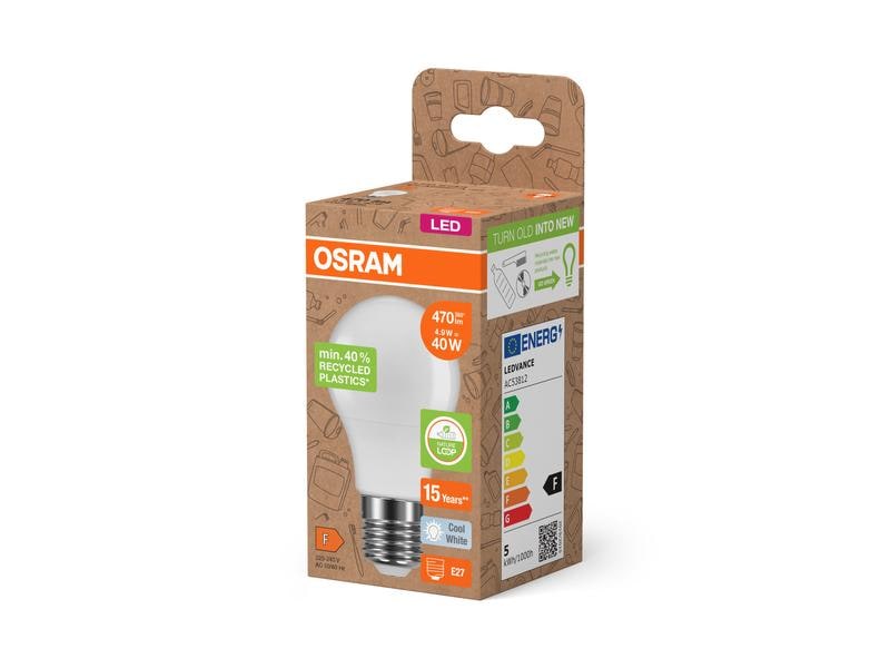 OSRAM LED PCR LAMPS WITH CLASSIC A 4.9W, E27, Neutralweiss LED Lampen, klassische A Kolbenform aus recyceltem Plastik