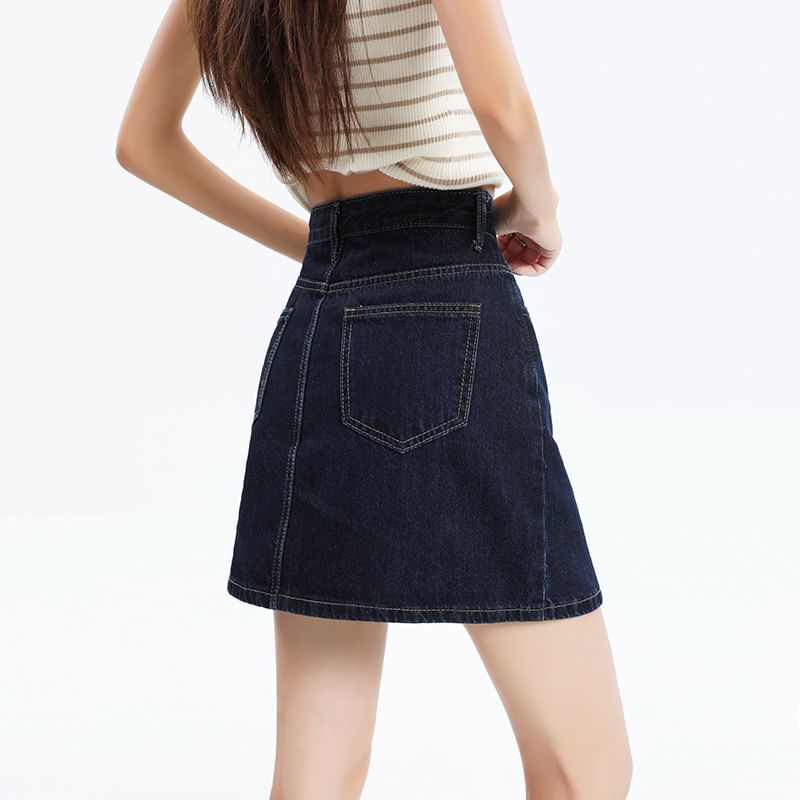 Denimot - Hoge taille gewassen mini A-lijn denim rok