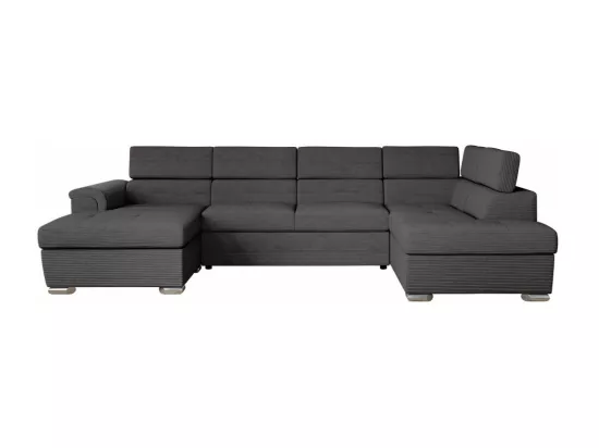 Canapé panoramique 6 places Paola convertible avec 2 coffres en velours côtelé - Gris - L320,5 x P188 x H76cm - Loungitude