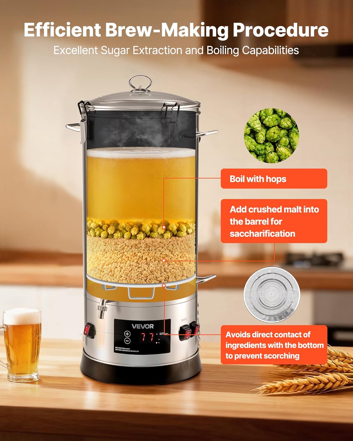 VEVOR elektrisches Bierbraugerät Bierbrauanlage Braukessel 30 L Hausgebrauch, Gehäuse aus Edelstahl 304, Maischekochgerät mit integriertem Innenfass & verstärktem Griff & Wasserhahn, Brausystem