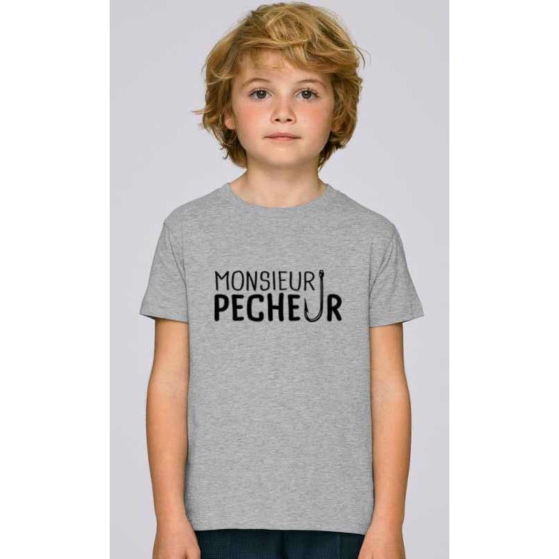 Tee Shirt Manches Courtes Enfant Monsieur Pêcheur - Heather Grey