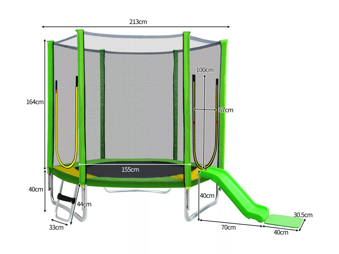 Trampoline de jardin extérieur certifié TÜV Rheinland - comprenant toboggan, filet de sécurité et accessoires - adapté aux enfants de plus de 3 ans - Vert