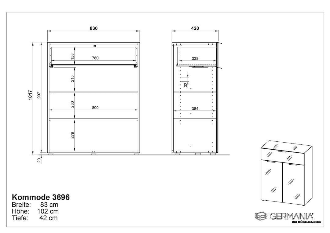 CASAVANTI Kommode OAKLAND 83 x 102 cm Glas Weiß/Navarra-Eiche-Dekor
