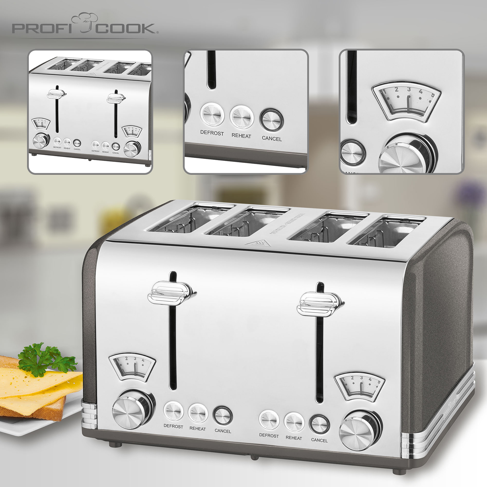 PROFICOOK 4 Scheiben-Toaster - Edelstahl - Vintage-Look