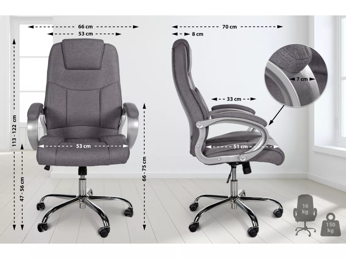 Chaise de bureau - Tissu & Métal chromé - Gris - XL Apoll